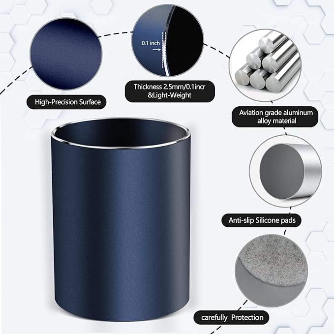 Metal Pen Holder for Desk Round Aluminum Desktop Organizer and Makeup Brush Holder Storage Box for Office, School, Home, and Kids, Non-slip silicone bottom3.9×3.14inch (Blue)