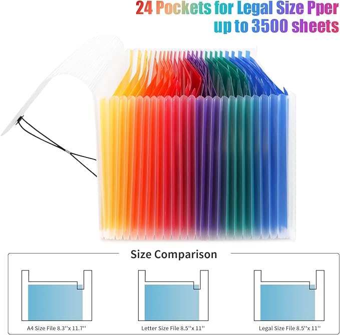 Uquelic Accordion File Organizer, Legal File Folder with 24 Pockets, Expanding File Folder with Color Index& Elastic Strap, A4 Document Folder for Receipt, Bills, Important Documents (Clear)