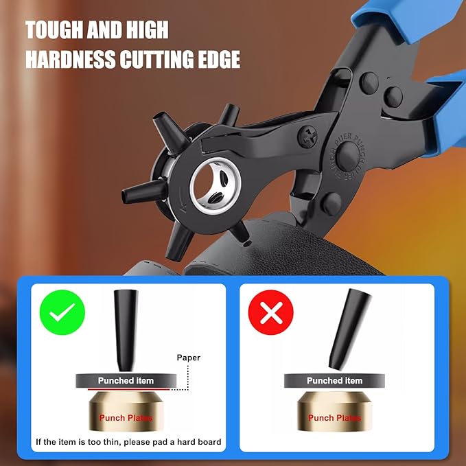 Diyife Professional Leather Hole Puncher, Full Set Punch Tool Kits for Belt, Watch Band, Shoe, Crafting, Handbag Straps, Fabric, with Extra Punch Plates and Ruler, Multi Hole Sizes Make - Blue