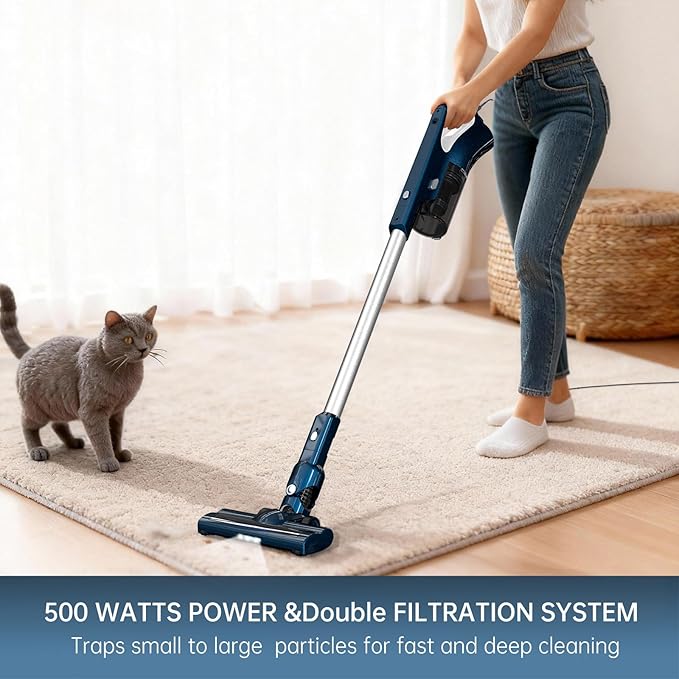 Sancorp Corded Stick Vacuum Cleaner for Home Pet Hair, 600W 16.7Ft Cable Ultra-Lightweight Vacuum Cleaner with Powerful Suction for Carpet Tile and Hard Floor Handheld Vac(VA002)