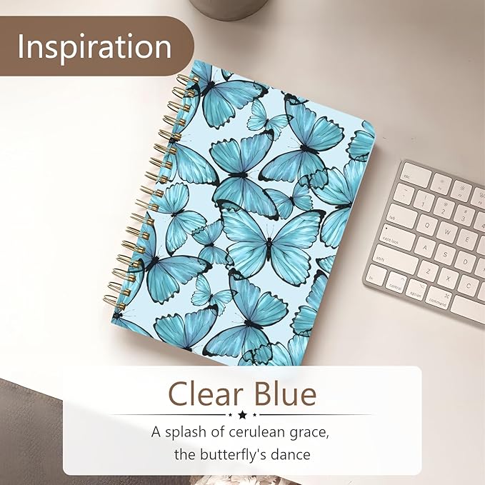 Cute Spiral Notebook journal A5 Aesthetic Pretty Floral Design for Women Girls Kawaii with Pocket, 8.5 x 5.7 inch, Blue Butterfly