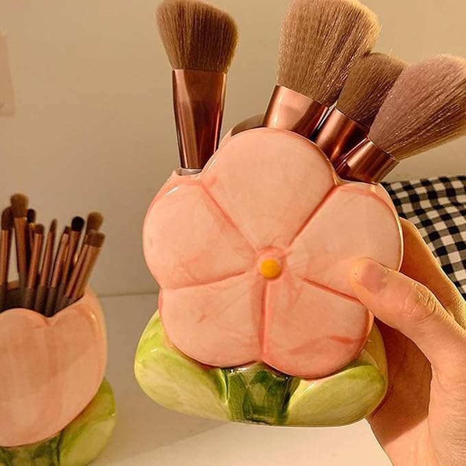 Flower Pencil Holder for Desk Purple Toothbrush Holder Cute Makeup Pen Holder for Office Desk Accessories Aesthetic Home Decor Birthday Gifts for Women Vanity Kawaii Kitchen Utensil Holder