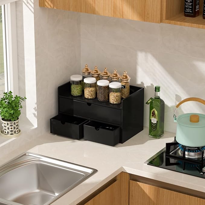 Wisuce Bamboo Desk Organizer - Mini Bamboo Desk Drawer Tabletop Cosmetic Storage Organization for Office or Home Black with Shelf