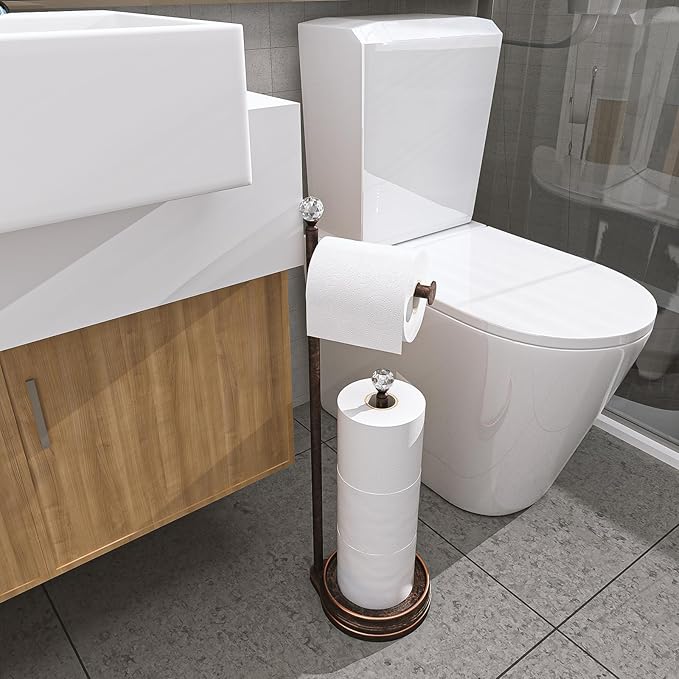 KASUNTO Toilet Paper Holder for Bathroom, Heavy Weighted Metal Free Standing Toilet Paper Holder Stand with Crystal Ball, Toilet Paper Roll Stand for Bathroom Accessories (Oil Rubbed Bronze)