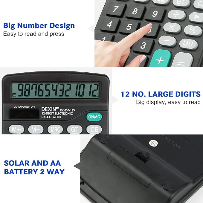 Desk Calculator, Envysun 12-Digit LCD Display Office Calculator – Dual Power, Compact and Lightweight, Easy-to-Read Display, Durable for Business, School, and Home (Gray)