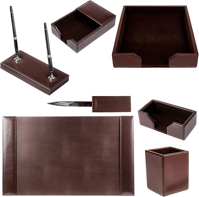 Dacasso Bonded Set Luxury Leather Desk Pad & Desk Organization Essentials, 7 Piece, Dark Brown