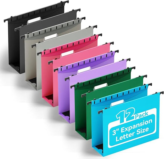 ANSOOK Plastic Hanging File Folders Letter Size, 3 Inch Reinforce Expanding File Folder,12 Pack File Cabinet Folders with 15 Insertable Tabs,Heavy Duty Accordion File Organizer for Office Home School