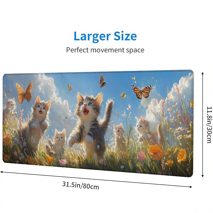 Cute Cats Desk Pad Mouse Pad Watercolor Flowers Butterflies Mouse Pad Large Mousepad Extended Laptop Keyboard Mat Gaming Desk Pad Mouse Mat Office Computer Keyboard Laptop Home 31.5"x11.8"
