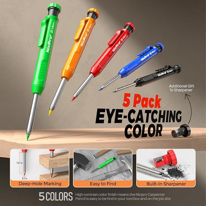 Nicpro 5 Pack Carpenter Pencils with Sharpener, Construction Mechanical Pencil with 53 Refills, Heavy Duty Marking Tools, Long Nib Marker Pens for Architect Marking (Black, Red, Orange, Green, Blue)