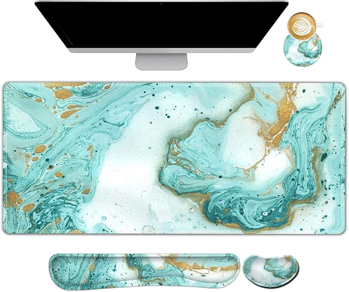 ARTSO Large Gaming Mouse Pad, Keyboard Wrist Rest Pad & Wrist Support Mousepad Set, Stitched Edge, Extended, Non-Slip Base, Memory Foam Desk Mat 4pcs for Office & Home, Teal Turqoise Marble