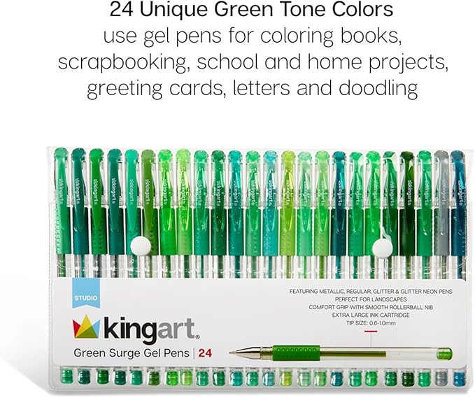 KINGART 400-24G Green Tones Rollerball Gel Pens, Set of 24 Colors, XL Ink Cartridge - More Ink, All Ages, Writing, Coloring, Doodling, Scrapbooking, Journaling & More