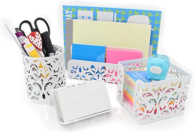 EasyPAG Desk Organizer Set - Pencil Holder Letter Sorter File Holder Business Card Holder and Sticky Note Holder, White