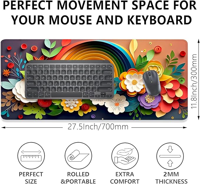 Rainbow Spring Flowers Desk Pad Mouse Pad,Floral Prints Extended Large Gaming Mouse Mat with Stitched Edges,Non-Slip Waterproof Rubber Base Mousepad for Office Work Home Desk Mat(27.5X11.8 in)