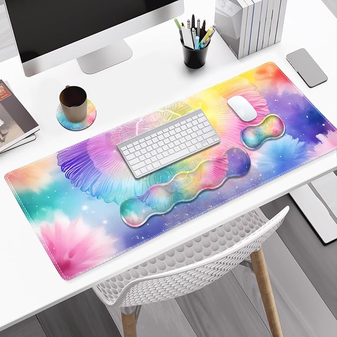Desk Mat Gaming Mouse Pad, Cute Desk Matt Keyboard Wrist Rest for Desktop, Anti-Slip Big Mousepad Stitched Edges, XXL Large Mouse Pad with Wrist Support for Home Office Computer I Dreamy Colors