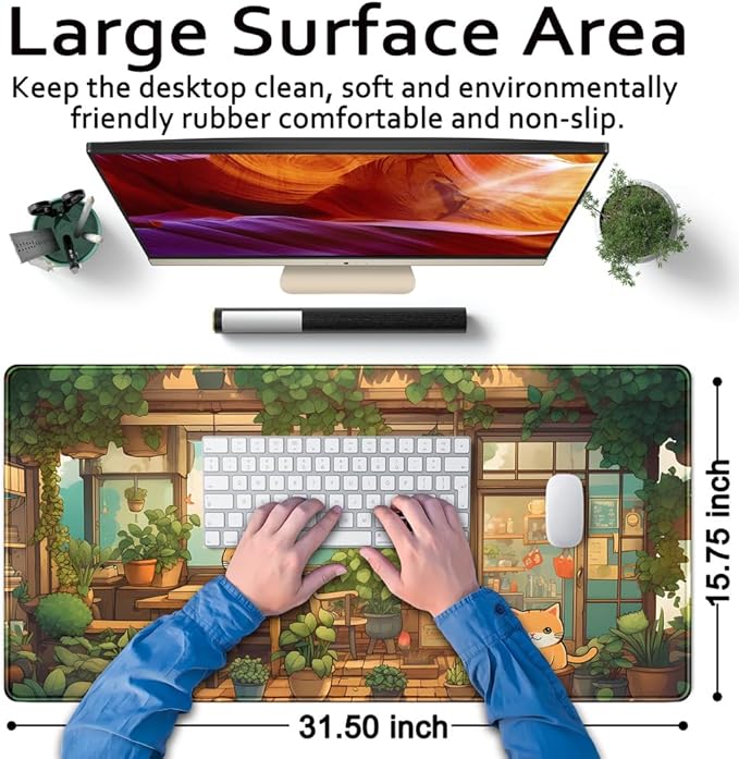 Desk Mat Cat Plant Green Large Mouse Pad Long Mousepad Gaming Office Decor Big Computer PC Laptop Protector Desk Mat Keyboard Pad Non-Slip Rubber Base Mousepad Long with Stitched Edges 31.5x15.7 in