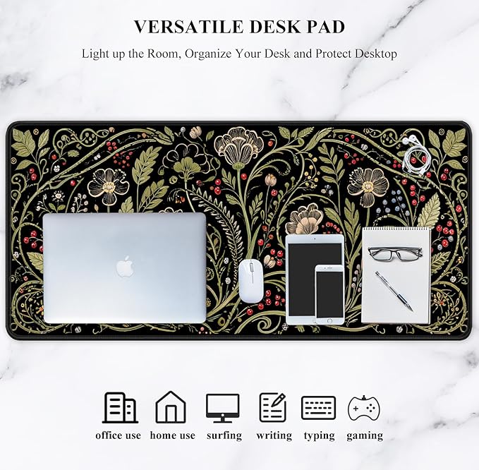 Auhoahsil Desk Mat, Ultra Large Mouse Pad, XXL Gaming Mousepad, Pretty Desk Pad, Big Extended Full Size Desktop Desk Matt for Keyboard, Laptop & Computer, 35.5 x 15.7 in, European Vintage Flowers