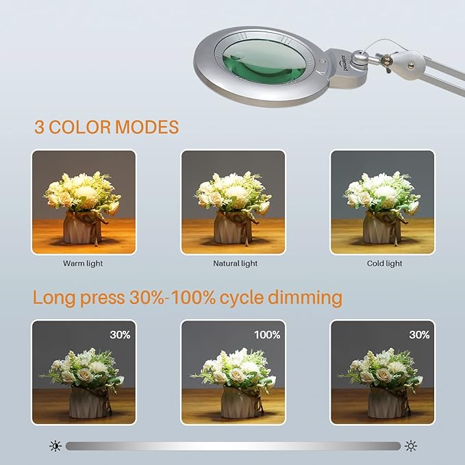 Bifocals Magnifying Desk Lamp with Clamp, 5 Diopter with 20 Diopter, 6 Inch Detachable Lens and 120PCS LEDs, 3 Color Modes 1200 Lumens Swivel Arm Magnifying Lamp with Light for Crafts (Silver)