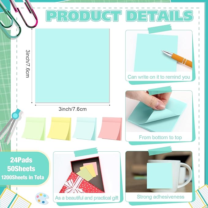 Fainne 200 Pack Sticky Notes Bulk Back to School Supplies Self Stick Note Pads Paper Memo for Office First Day of School Student Teacher Essentials (3 x 3 Inch,Simple Color)