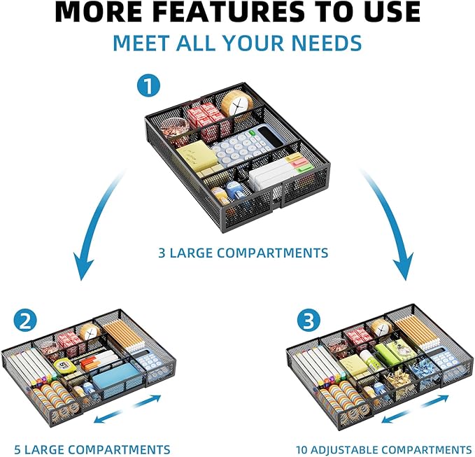 Marbrasse Expandable Desk Drawer Organizer, Mesh Drawer Organizer Tray with 10 Adjustable Compartments, Desk Organizers and Accessories, 5 Dividers Drawer for Office Supplies, Makeup & Vanity (Black)