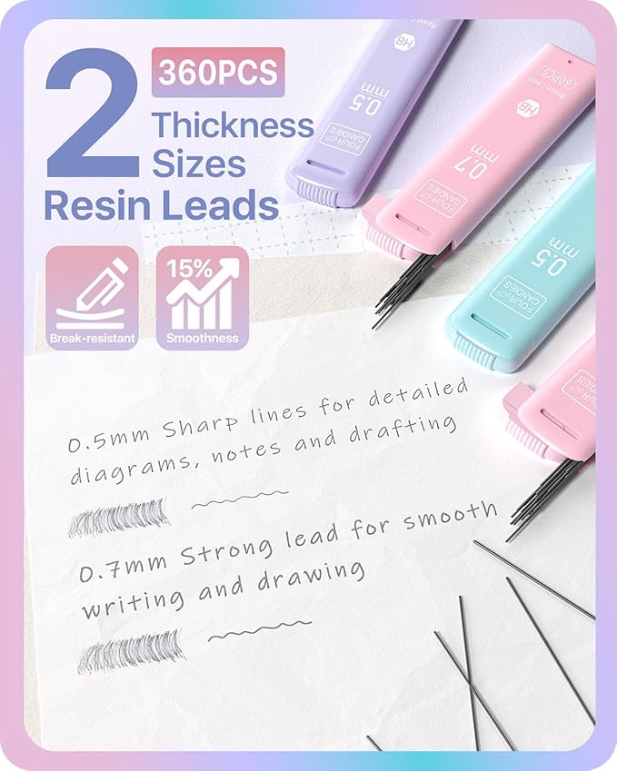 Four Candies Cute Mechanical Pencil Set, 6PCS Pencils 0.5 mm & 0.7mm with 360PCS Lead Refills, Pastel Erasers, Case for School Supplies