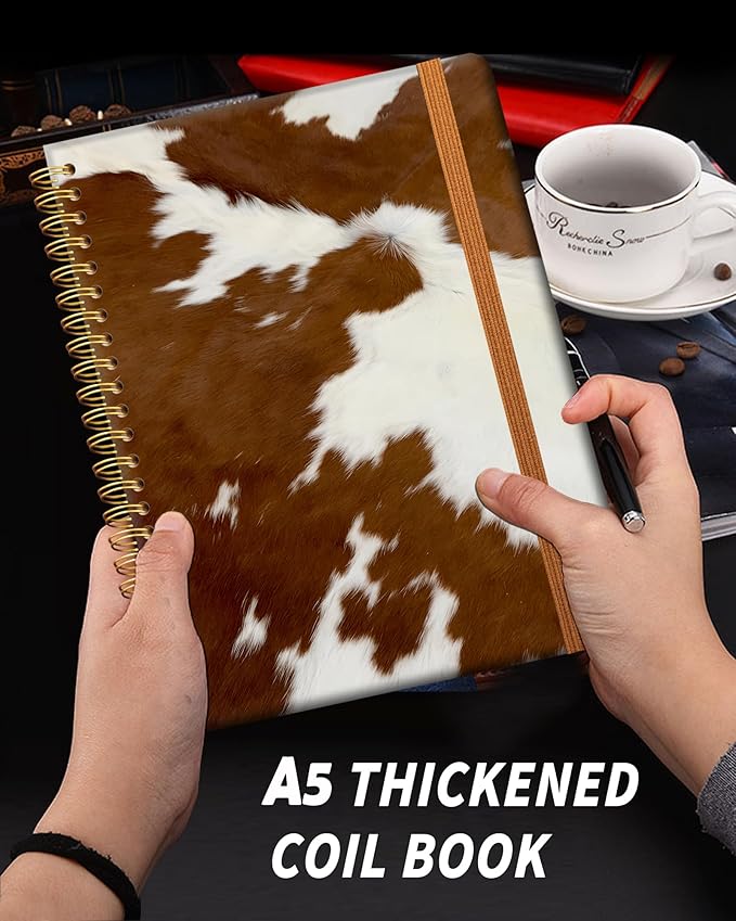 Ruled Spiral Writing Notebook,A5 Hardcover Lined College Journal for Women,Strong Twin-Wire Binding with Premium Paper,8.4" X 6",Perfect for School,Office,Home(Western Fur Cow)