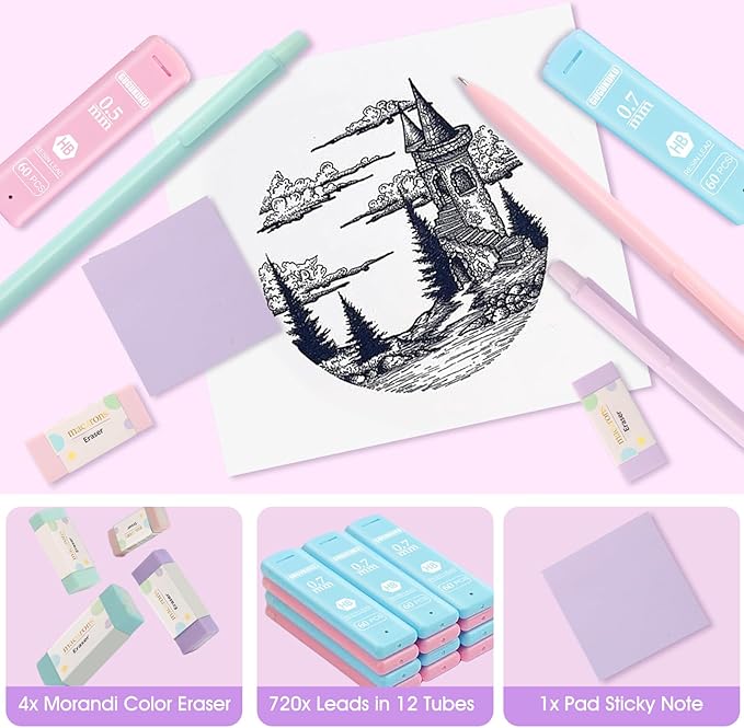 Mechanical Pencil Set with Cute Pencil Case, 12x Pastel Mechanical Pencils 0.5 & 0.7mm with 720x HB Leads, 4x Erasers and 1x Sticky Note, Suitable for Writing, Drafting Drawing Sketching(purple)