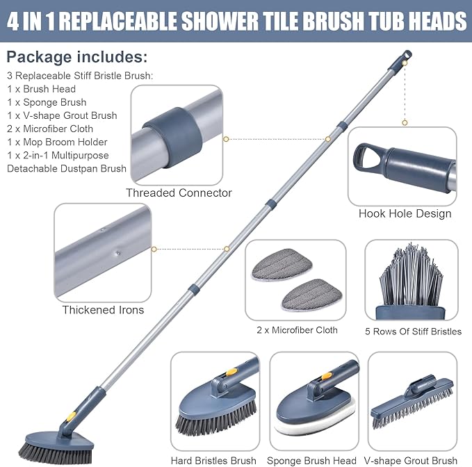 Shower Cleaning Brush,4 in 1 Tile Tub Shower Scrubber with 54.7'' Long Handle Stiff Bristles Sponge Brush Grout Brush Microfibe Pads for Bathroom Kitchen Toilet Wall Glass Tub Tile Sink