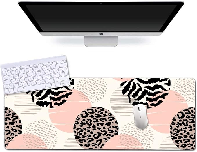 Extended Gaming Mouse Pad (31.5x11.8 in), Large Non-Slip Rubber Base Mousepad,Keyboard Mouse Mat Desk Pad for Work, Game, Office, Home -Animal Leopard Print Circles Rose Gold Pink Geometric