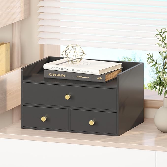 Bamboo Desk Organizer with Drawers Wooden Desktop Storage Drawers for Bills Office Supplies Kitchen Utensils Organizing Tool for Home Classroom Organization No Assembly (3 Drawers, Black)