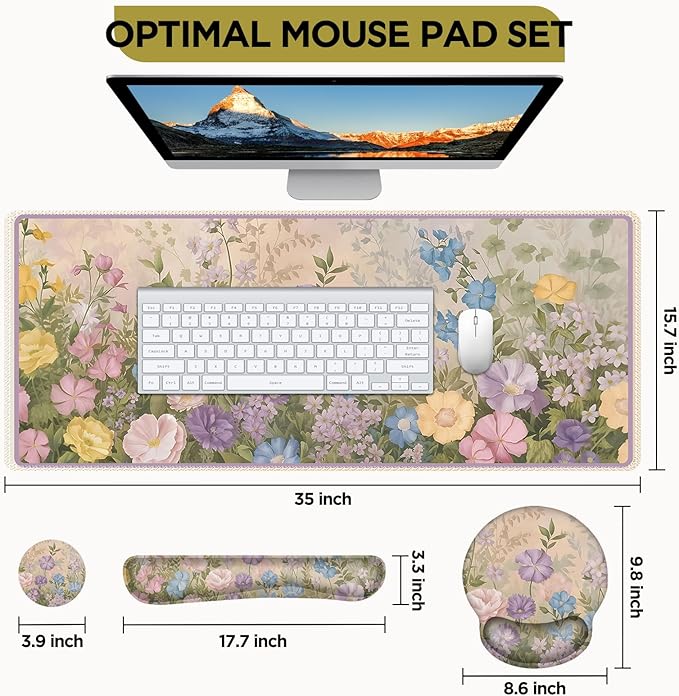 AIMSA Large Gaming Mouse Pad, Keyboard Wrist Rest Pad, Wrist Support Mousepad Set, Extended Desk Pad Ergonomic Desk Mat for Home Office, Beautiful Flowers