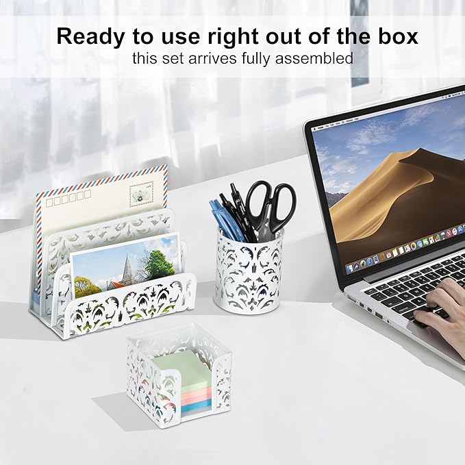 EasyPAG Desk Organizers and Accessories 3 Pieces Office Organizer Set - Pen Holder for Desk, Mail Sorter Countertop and Sticky Note Holder, White
