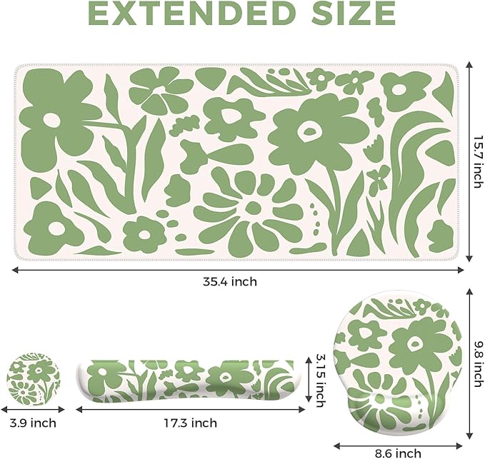 iCasso Desk Cover Mat, 4in1 Floral Large Mouse Pad with Wrist Rest, Desk Matt for Desktop, Anti-Slip XXL Big Computer Ergonomic Mousepad with Wrist Support for Keyboard and Mouse (Green)