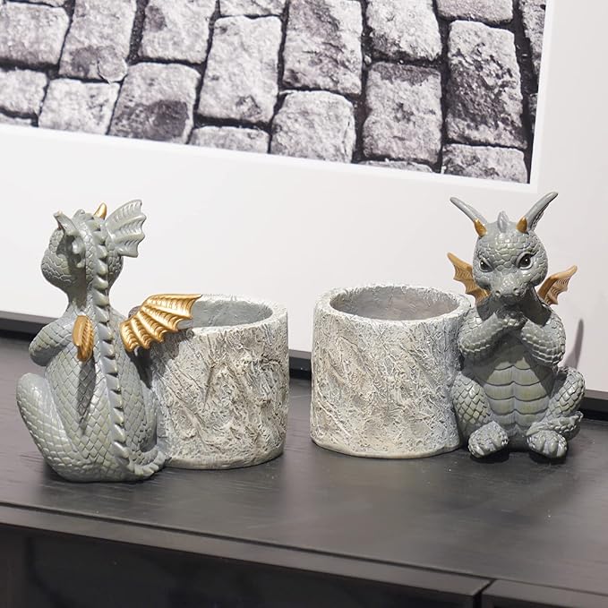 Guichifun Dragon Pen Holders Home Décor - Set of 2 Dragon Vase Decor Figurines Pen Holder for Desk Cute Fashion Desk Organizers and Accessories Office Idea Gift for Women and Kids 5 x 3 x 4.5 Inch