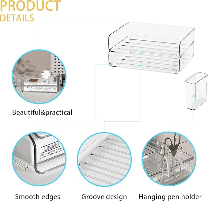 2-Tier Office Organizer with Pen Holder, Stackable Paper Tray for Files, Letters, Books, Clear Paper Folder