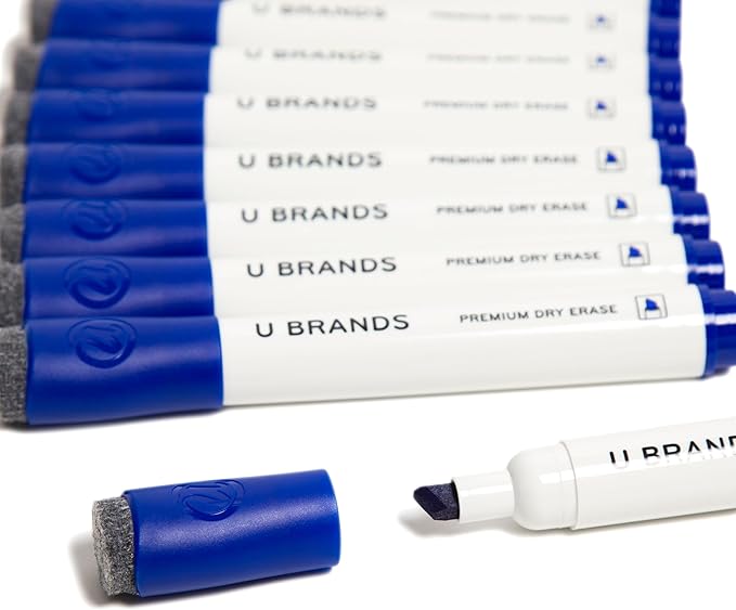 U Brands Fine Tip Dry Erase Markers with Eraser, Whiteboard Markers with Chisel tip, Low Odor, Blue, Set of 12
