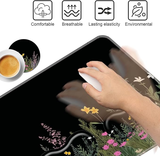 Keyboard Mouse Pad Set,Large Mouse Pad+Keyboard Wrist Rest+Wrist Support+Coaster,31.5x11.8in Extended Desk Mat for Computer Laptop Office Home - Weeds