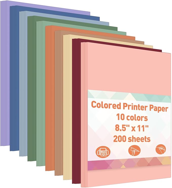 MAXECHO 8.5" × 11" Bulk Colored Copy & Print Paper, 200 Sheets 10 Assorted Colors Printer Paper Computer Paper Suitable for Origami, Crafts, DIY Projects, 80 GSM
