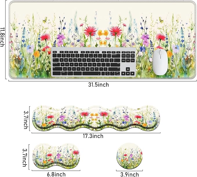 Keyboard Mouse Pad Set,Large Mouse Pad+Keyboard Wrist Rest+Wrist Support+Coaster,31.5x11.8in Extended Desk Mat for Computer Laptop Office Home - Plant Flower