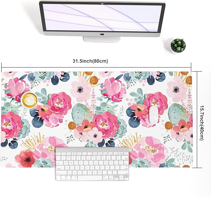 QIYI Large Mouse Pad, Pink Floral Desk Mat for Desktop, Women Girls PU Leather Waterproof Gaming Mousepad, Computer Laptop Desk Accessories Protector Writing Pads for School Office Home 31.5" x 15.7"