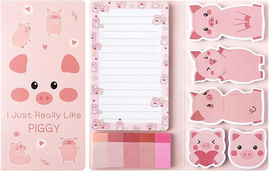B1ykin Sticky Notes Set, Cartoon Theme Cute Self-Stick Notes Pad Teacher Appreciation Gifts， Self-Adhesive Writing Memo Pages Sticky to Do Notepad for Kids Employee School Office (Pink Piggy)
