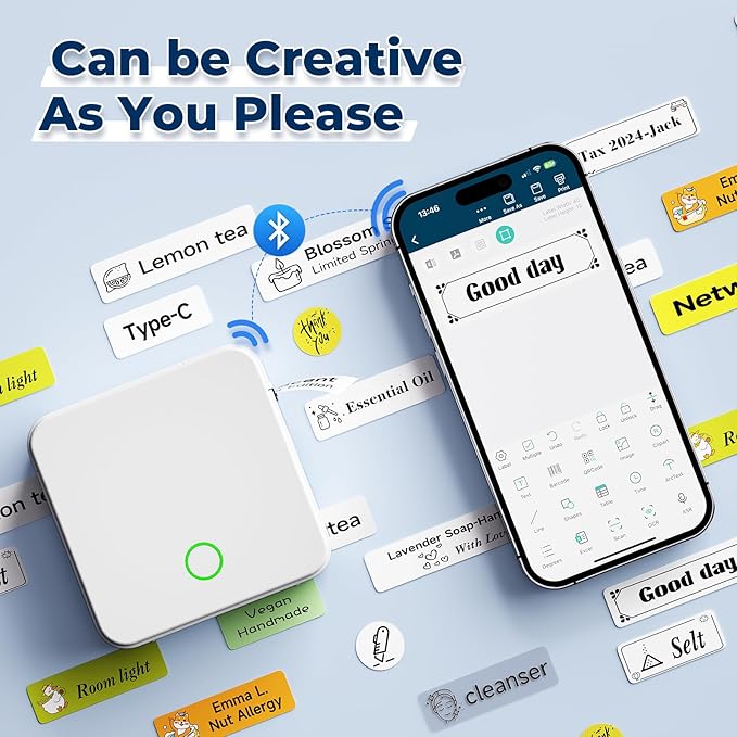 Label Maker Machine with Tape P0 Rechargeable Bluetooth Mini Label Printer Portable Small Thermal Labeling Machine Easy to Use for Home Office School Organization Battery Included White