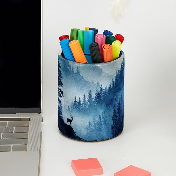 1 Pack Watercolor Mountain Deer Circular Pen & Pencil Holder - Durable PU Leather Pencil Cup, Desk Accessories Organizer for Office Desk School Home
