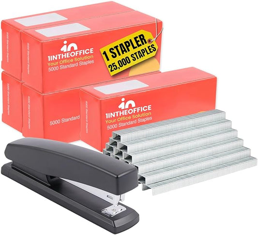 1InTheOffice Stapler with Staples, Office Stapler, 20-Sheet Capacity, 25,000 Standard Staples, Black