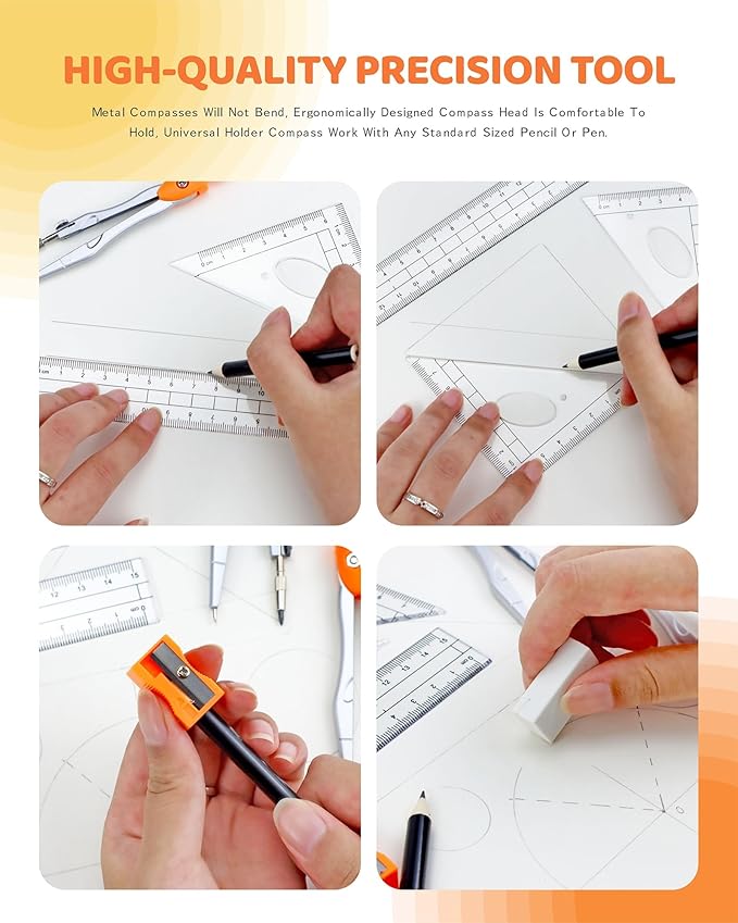 Math Geometry Kit Sets 10 Piece Student Supplies with Shatterproof Storage Box, Includes Rulers, Protractor, Compass, Eraser, Pencil Sharpener, Lead Refills, for Drafting Drawings（Orange）