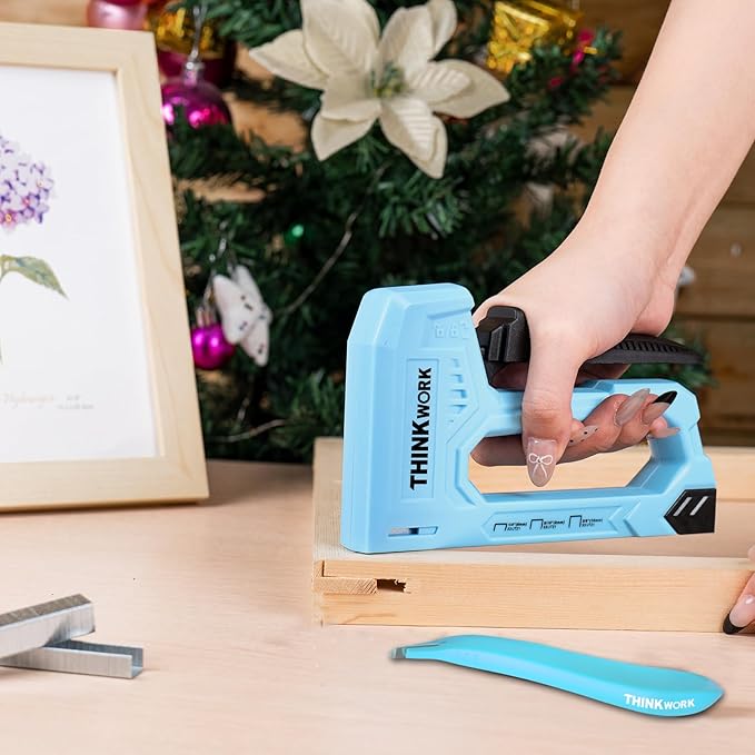 THINKWORK Light Duty Staple Gun - Upholstery Staple Gun for Wood with 1600pcs JT21 Staples 1/4", 5/16", 3/8" and Staple Remover, Fabric Stapler Gun for Crafts, Home Use, Wall, DIY, Lights Decora, Blue