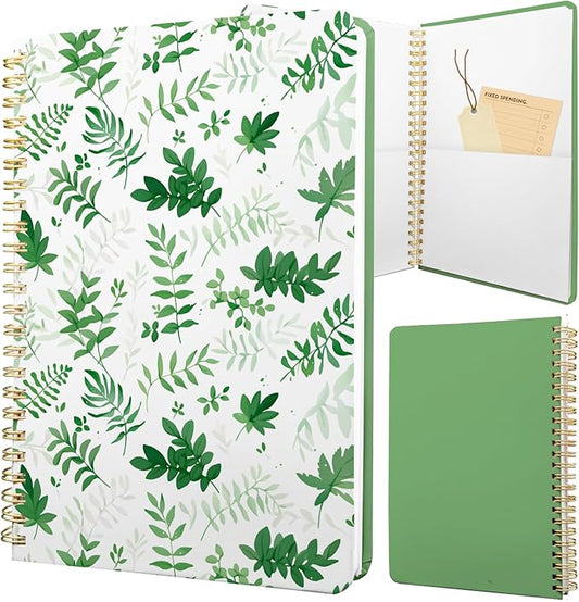 Cute Spiral Notebook journal A5 Aesthetic Pretty Floral Design for Women Girls Kawaii with Pocket, 8.5 x 5.7 inch, Green Leaves