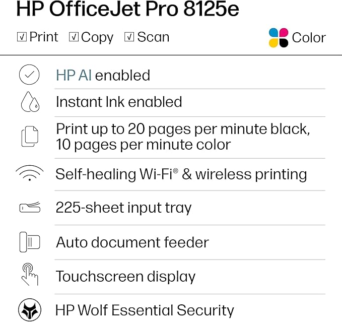 HP OfficeJet Pro 8125e Wireless All-in-One Color Inkjet Printer, Print, scan, Copy, ADF, Duplex Printing Best-for-Home Office, 3 Month Instant Ink Trial Included, AI-Enabled (405T6A)