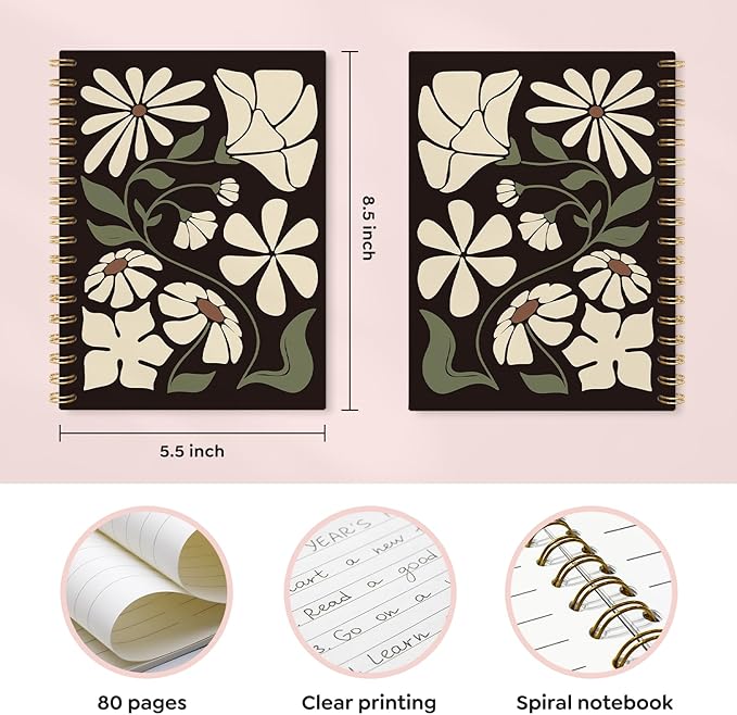 Boho Abstract Floral Spiral Notebook, Boho Gifts for Women Student Teacher, Bohemian Minimalist Botanica Lined Notebook Hardcover, College Ruled Notebook Journal for Writing, 5.5x8.3