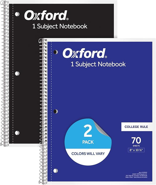 Oxford Spiral Notebooks, 2 Pack, 1 Subject, College Ruled Notebooks for School, 8 x 10.5 Inches, 70 Sheets, Assorted Colors, Back to School Supplies (1002522)