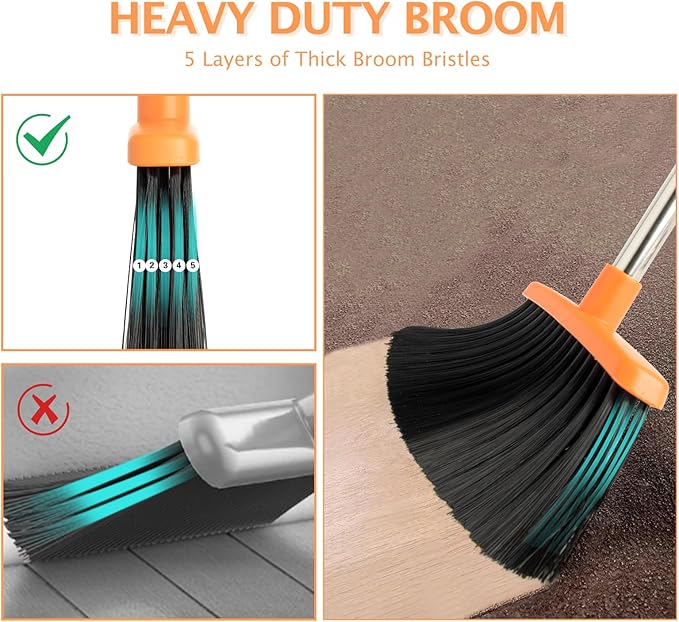 XXFLOWER 2-Pack Broom and Dustpan Set with Long Handle, Heavy Dust Broom and Dustpan Combo for Home，Kitchen, Office, Pet Hair(Gray Orange)